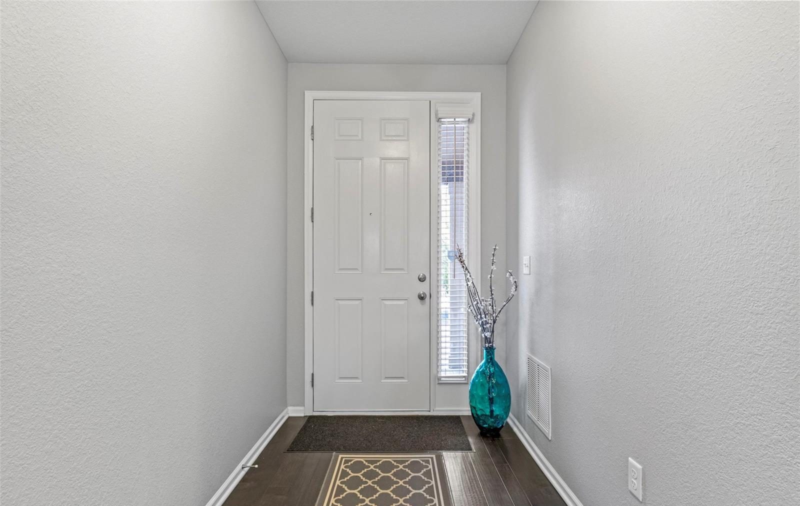 Front entry hall with a glass vase and a patterned rug.