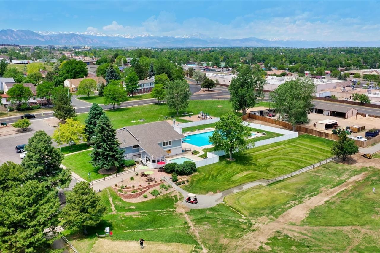 Aerial view of Greenway Park homes and trees, with the mountains beyond.