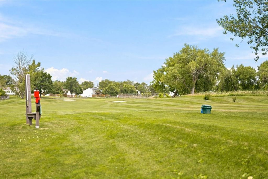 Open lawn and mature trees in Greenway Park.