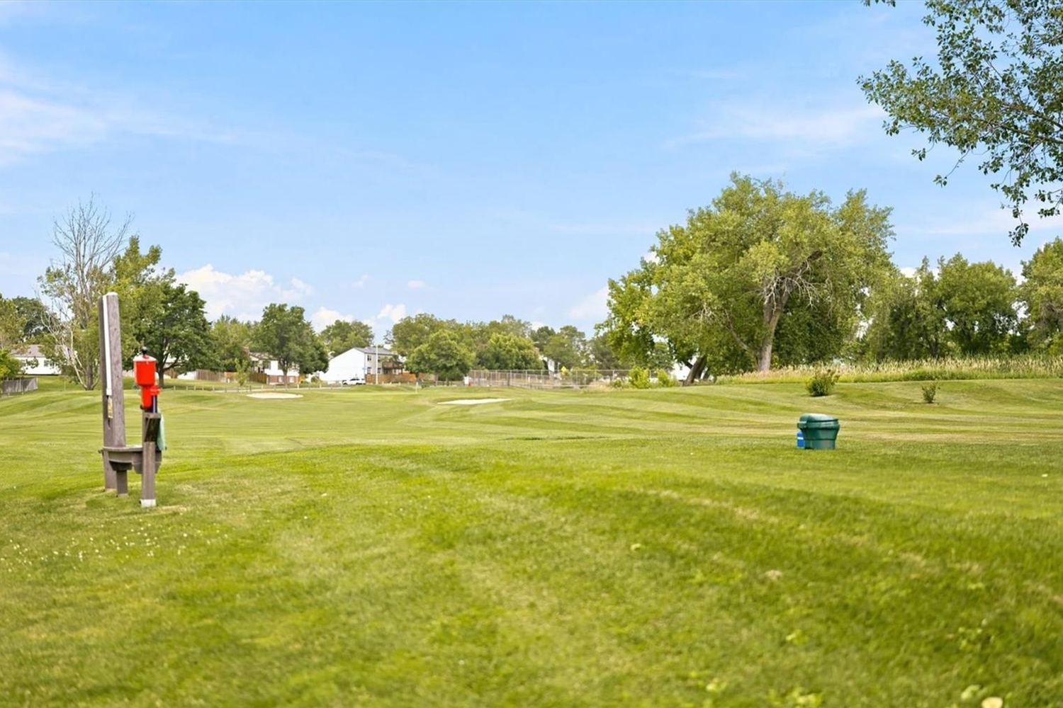 Open lawn and mature trees in Greenway Park.